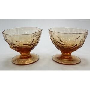 2 Seneca Driftwood Amber Crinkle Glass-Footed Champagne Sherbet Dessert Dishes